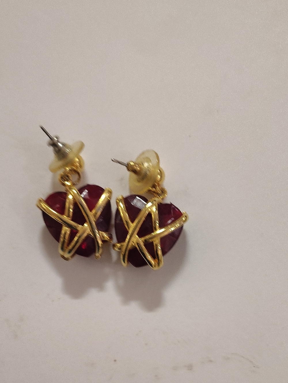 Gold Wire-Wrapped Ruby Red Heart Stud Earrings - Women Jewelry